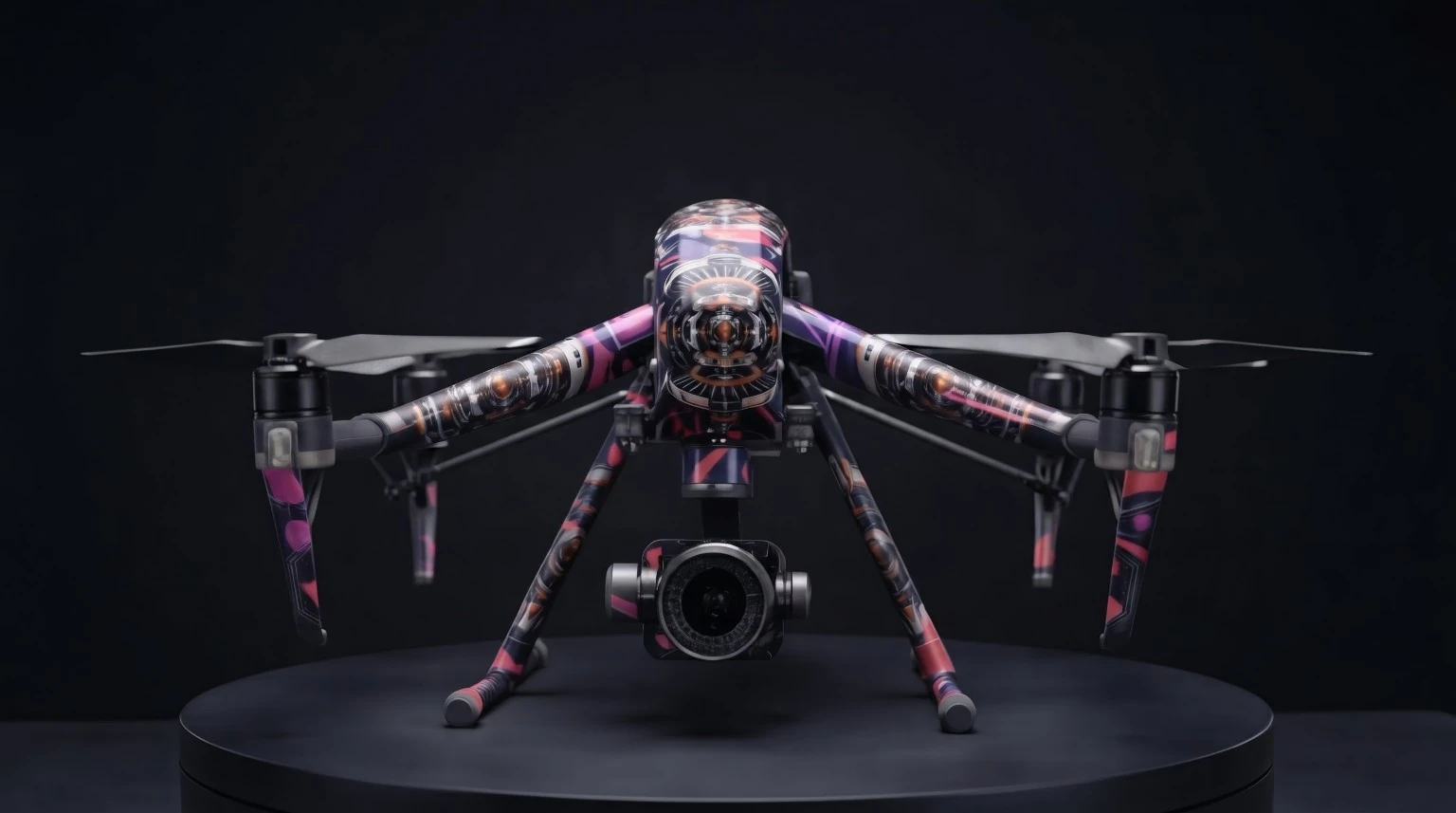 Chroma drone skin concept on a dark studio turntable