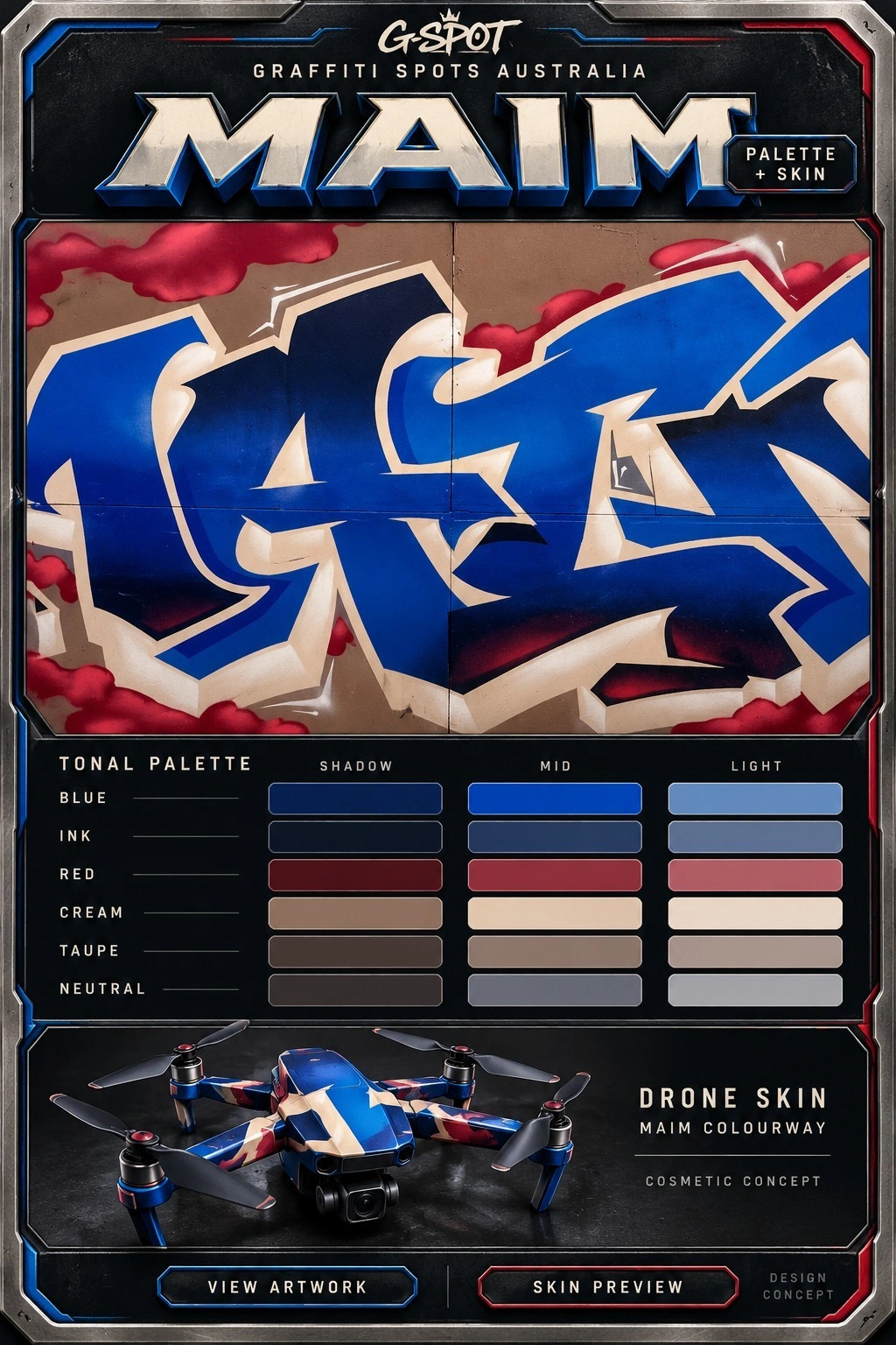 Complete MAIM artwork, shadow mid light palette and drone skin card