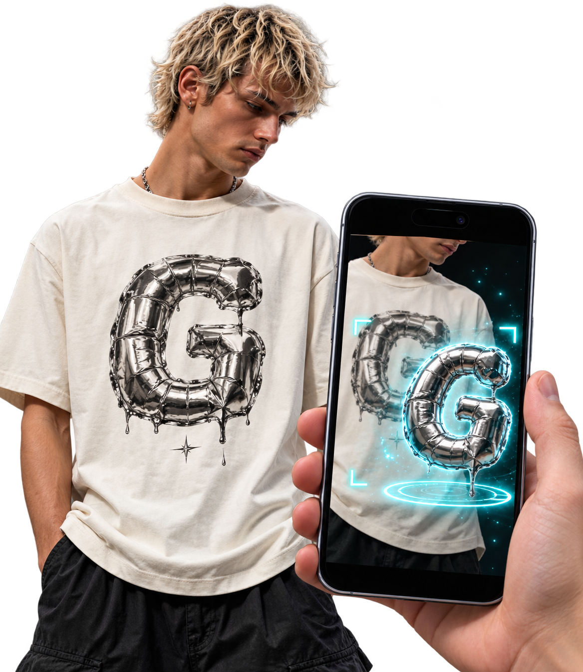 The G-SPOT model holding a phone playing the supplied Android app recording