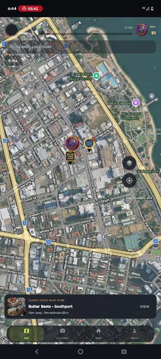 Gold Coast map and a selected paint-store location in the app recording