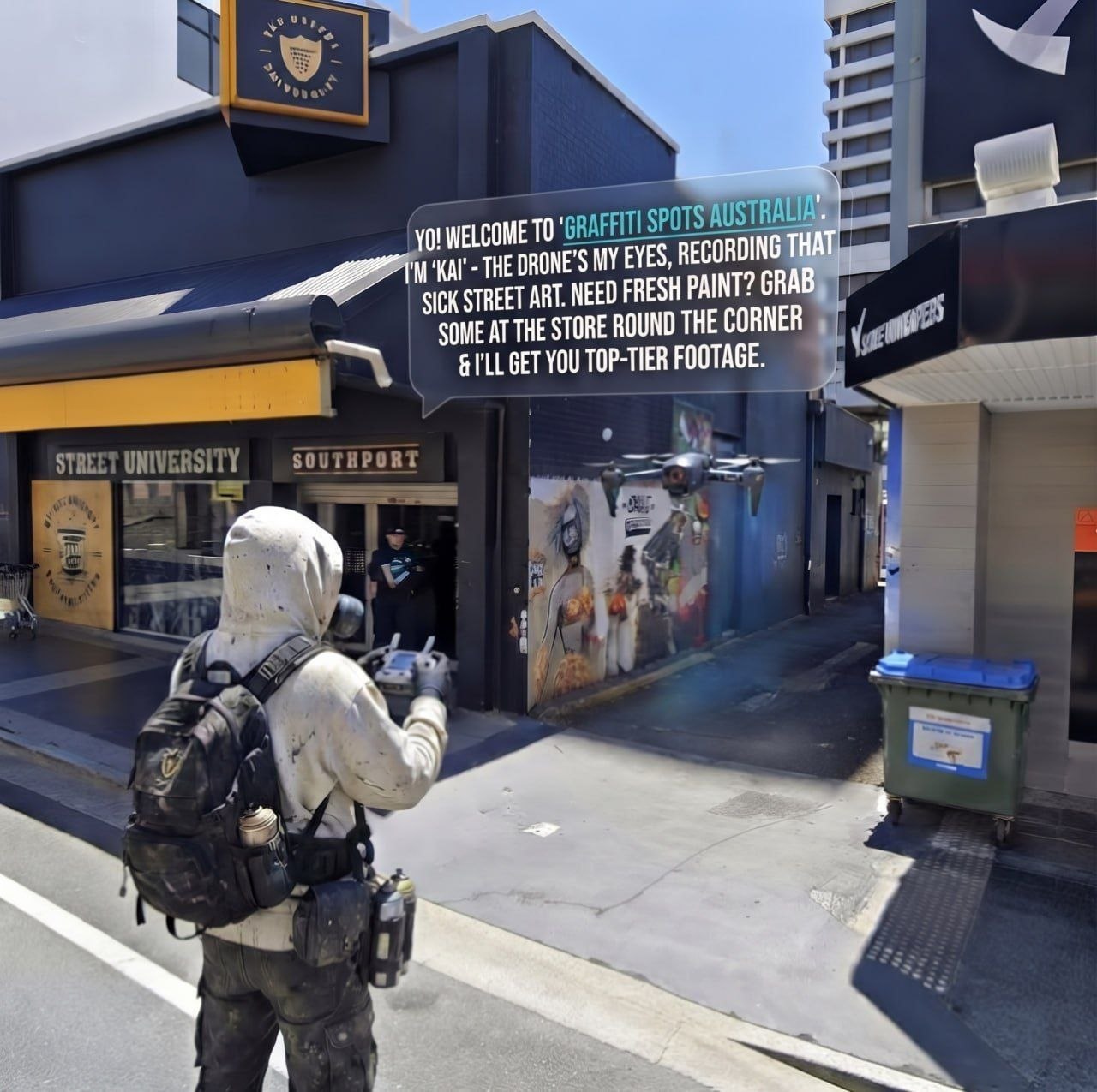concept of the masked operator and drone outside Street University